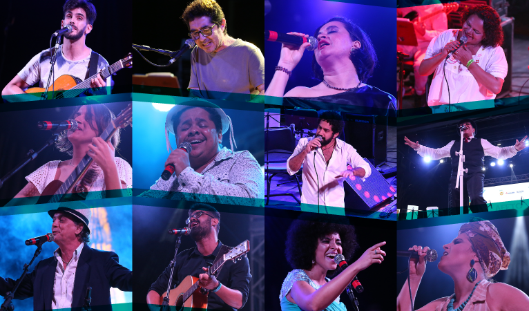 montagem com 12 fotos dos finalistas do Festival de Música